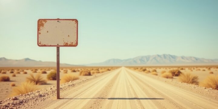 Blank weathered signpost on a desolate desert road leading to distant mountains under a clear sky