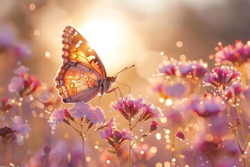 Serene Butterfly in a Field of Pink Flowers at Sunrise