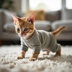 A cute little red kitten in a sports uniform does exercises on the floor of the room on the carpet, on a blurred background sofa and furniture