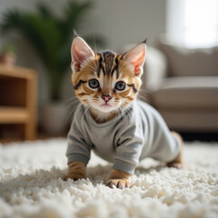 A cute little red kitten in a sports uniform does exercises on the floor of the room on the carpet, on a blurred background sofa and furniture