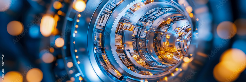 Poster illuminated technological tunnel: abstract circular structure with glowing lights and intricate deta