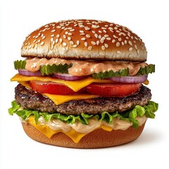 A juicy hamburger layered with fresh lettuce, tomato, cheese, and a sesame seed bun, isolated on white. High Quality