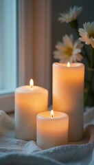 softly lit white candles against bright backdrop, simplicity, intimate