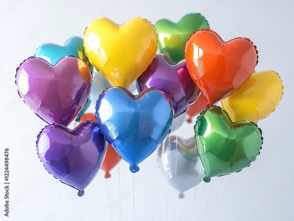 Poster heart shaped balloons in various colors floating against a plain white background creating a festive