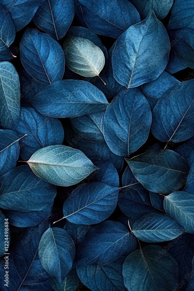 Poster deep blue leaves pattern with subtle light and shadow creating a moody and elegant background