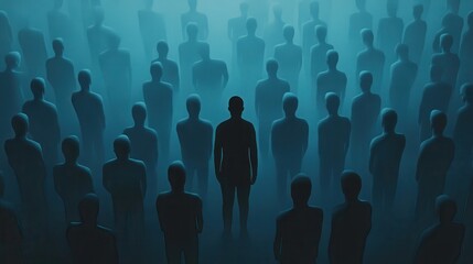 Colorful silhouette pf person standing in monochrome crowd of different people,surreal unique and different concept,loneliness in society,shadow,freedom,Love,be yourself,Stand out from the crowd.