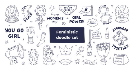 Big doodle You Go Girl set for sisterhood, gender equality, women rights, self love. Hand drawn outline collection with female motivational symbols, lettering about diversity, positive slogan.