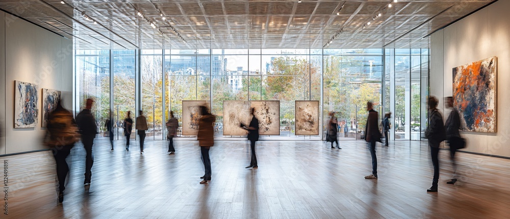 Poster people walking through modern art gallery with large windows and abstract paintings on display