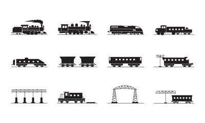 Black Silhouette Trains, Railcars, and Railway Elements Collection