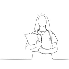 Continuous line drawing of a doctor with stethoscope and clipboard. One line art of health care concept.