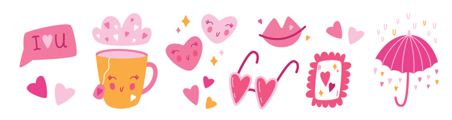 Happy Valentines day set of elements isolated on white background. Romantic love cartoon image. Vector illustration.