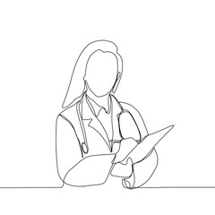 Continuous line drawing of a doctor with stethoscope and clipboard. One line art of health care concept.