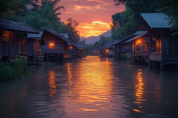 Fototapeta premium Sunset over water village; houses glow warmly.