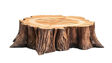 Tree stump cross-section with rough bark isolated on transparent background.