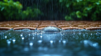 Fototapeta premium Rain falls on stone, puddles forming.