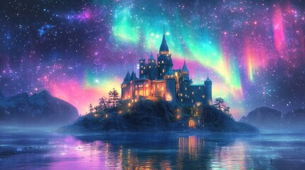 Mystical castle on a serene island, vibrant auroras arching across a starry night sky