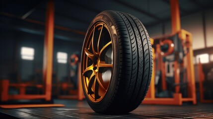 Stylish Gold Alloy Wheel with High-Performance Vehicle Tire in Workshop