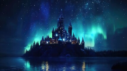 Mystical castle on a serene island, vibrant auroras arching across a starry night sky