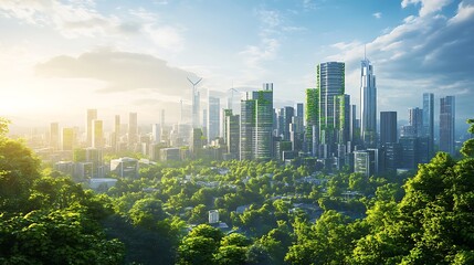 Naklejka premium Eco-Friendly Metropolis: A Sustainable Cityscape at Sunrise