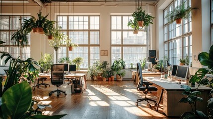 Fototapeta premium Spacious open office featuring sleek modern desks, ergonomic chairs and numerous plants creating a productive atmosphere