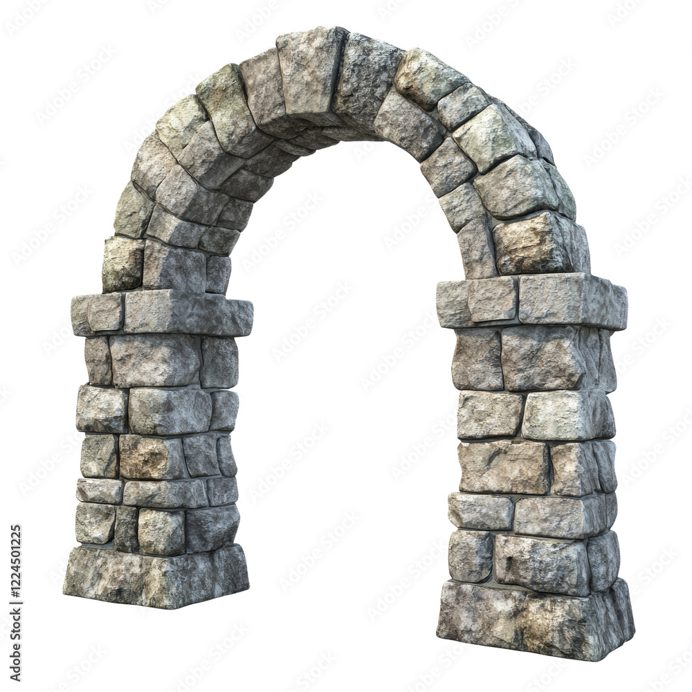 Poster a 3d rendered image of a rustic stone archway, suggesting an entrance to a historical or medieval bu
