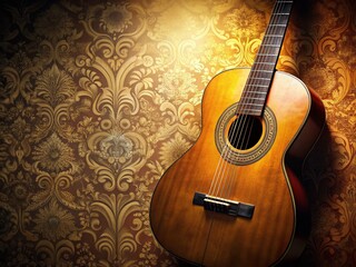 Obraz premium Close-up Classical Guitar on Vintage Wallpaper Background - Musical Instrument Stock Photo