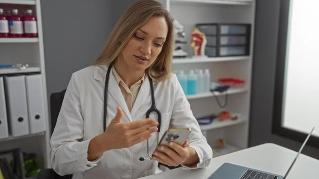 Woman doctor holding mobile in clinic office talking via videoconference indoors using technology for remote communication with patient showcasing medical professionalism in healthcare workplace