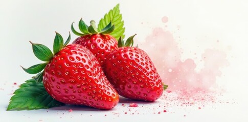 Luscious watercolor strawberry, vibrant red, green leaf , photography, painting