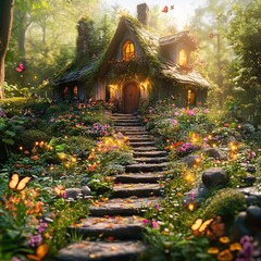 Enchanted cottage nestled in a forest with glowing lights and colorful butterflies flying around