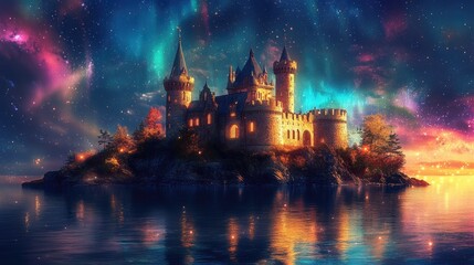Fototapeta premium Solitary castle on a peaceful island illuminated by colorful auroras and sparkling night stars