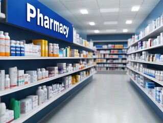 Inside view of a modern pharmacy aisle.