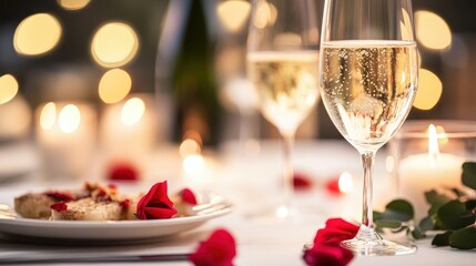 A glass of champagne resting on a marble table, with bubbles rising and delicate reflections adding sophistication to the scene.