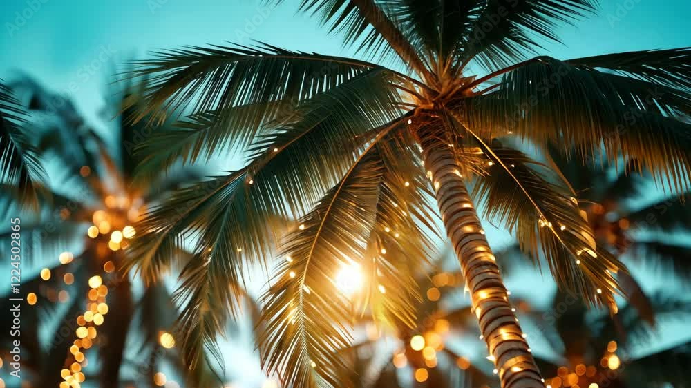 Poster festive string lights illuminate a palm tree, creating a magical christmas atmosphere on a tropical 