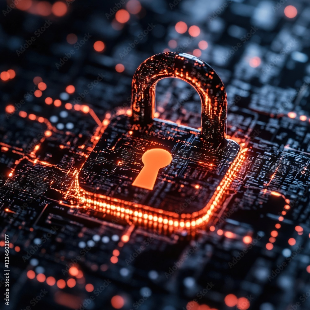 Poster glowing padlock on dark circuit board representing digital security and data protection