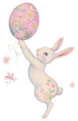 Obraz premium PNG Smiling happy easter bunny with jumping egg balloon animal art.