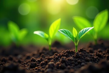 Fototapeta premium Coffee plantlets emerge from rich soil amidst foliage , seedlings, photo