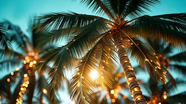 Festive string lights illuminate a palm tree, creating a magical christmas atmosphere on a tropical beach at sunset video 4k