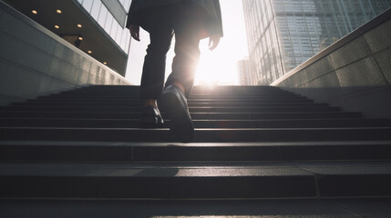 Businessman in Suit Climbing Stairs to Office at Sunrise