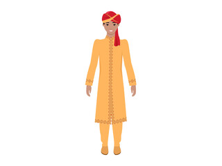 Young man wearing yellow-orange traditional Indian wedding attire and red turban. Ideal for cultural celebrations, weddings, traditional attire, Indian weddings, South Asian fashion themes. Styled