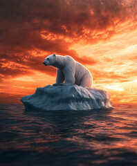 A polar bear stands on a shrinking patch of sea ice, its survival threatened by the accelerating effects of climate change.  