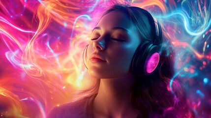 A young woman sits quietly, her eyes closed as the melodies envelop her, creating a world of solitude. 