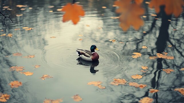 Mallard duck autumn pond leaves reflection park
