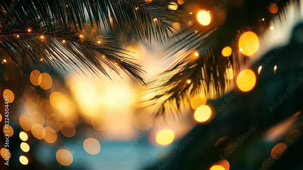 Poster festive string lights illuminate a palm tree, creating a magical christmas atmosphere on a tropical 