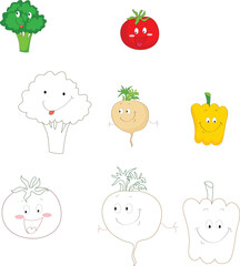 Cartoon Vegetables with Faces, Ready to be Colored