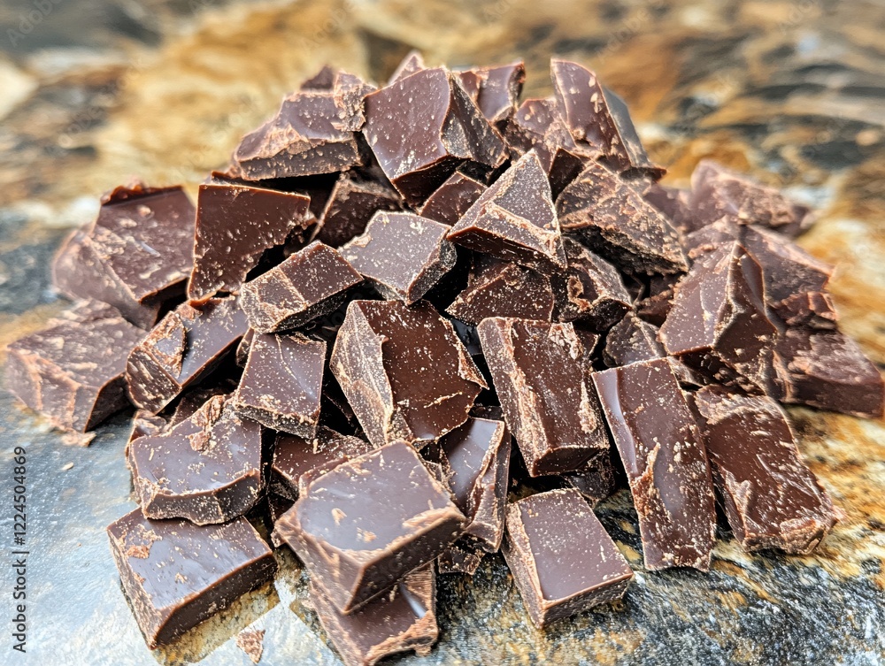 Aufkleber dark chocolate chunks pile on a marble surface with a shallow depth of field for a rich effect