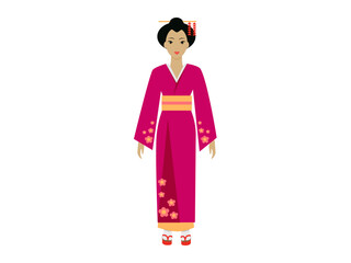 Woman in traditional Japanese pink kimono with floral designs and yellow belt. Ideal for cultural representation, fashion, tradition, heritage, and festivals. Simple flat design style