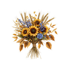 Autumnal Sunflower and Wheat Bouquet - Hand-Painted Floral Illustration