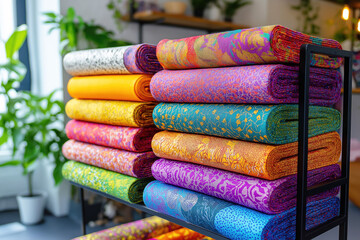 Folded ornate fabrics in vibrant colors on a rack in boutique.
