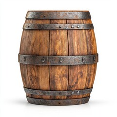 Obraz premium A shiny wooden barrel with metallic bands, sitting on a clean white surface. High Quality