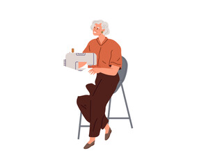 Fototapeta premium Elderly woman housewife working on sewing machine at home. Workplace of seamstress. Fashion designer, dressmaker. Needlework, hobbies, home leisure, housework. Lady sitting at desk with fabric
